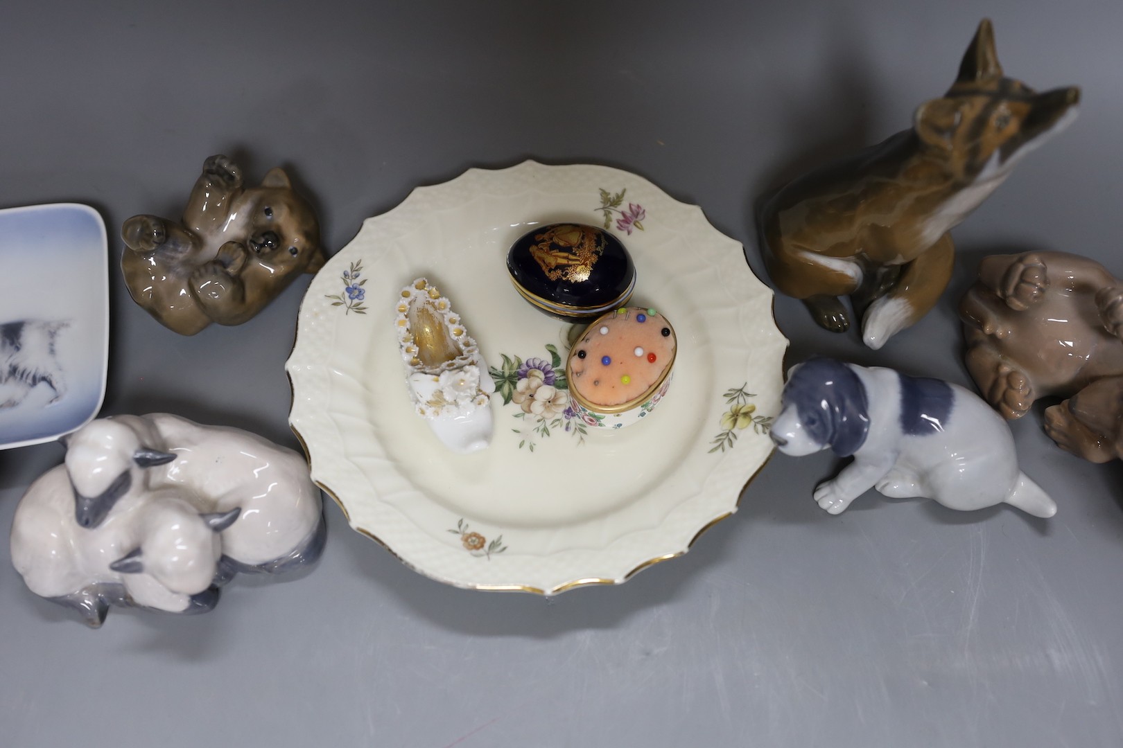 A group of various Copenhagen animals and dishes, together with Halcyon Days, Limoges and a small porcelain shoe